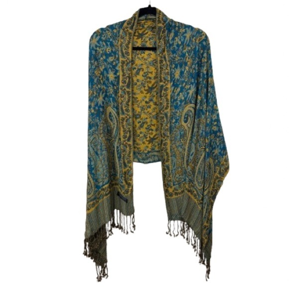 pashmina Accessories - 100% Pashmina Blue and Yellow Floral Paisley Patterned Shawl With Fringe